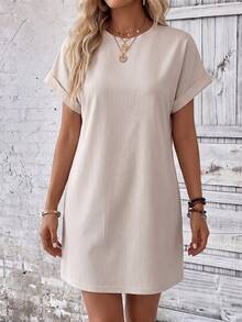 EMERY ROSE Round Neck Short Sleeve Cuffed Striped Loose Casual Dress, Summer - Multicolor - View 5
