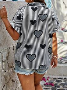 SHEIN LUNE Plus Size Random Print Short Sleeve Shirt,Valentine - Multicolor - View 2
