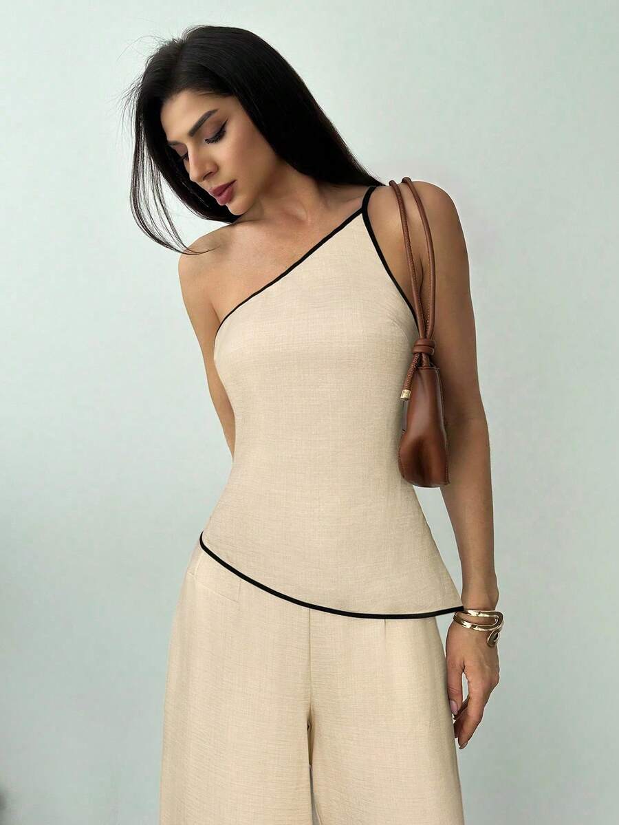 Firerie Spring/Summer New Elegant Linen Asymmetric Hem Cropped Top & High Waist Pants 2 Pieces Set, Apricot - Khaki - View 1