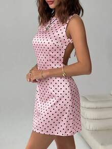 SHEIN EZwear Pink Polka Dot Sleeveless Backless Mini Dress - Pink - View 5