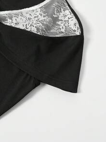 Elenzga Women's Spring/Summer Knit Fabric French Elegant Vacation Lace Patchwork Fitted Front & Middle Shawl Collar Ruched 3D Floral Decor T-Shirt - Black - View 7
