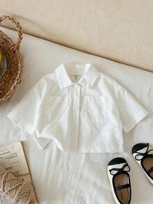 SHEIN Baby Girl Solid Color Short Sleeve Single-Breasted Pocket Shirt - White - View 9