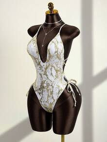 Swim SXY Women's One-Piece Snakeskin Print Sexy Deep V-Neck Criss-Cross Backless Summer Beach Vacation Swimsuit Leopard Print Summer Outfits For Women Festival Outfits Party Outfit Beach Vacation One Piece Swimsuit Vacation Cruise Travel Beach Sunbathi - Multicolor - View 4