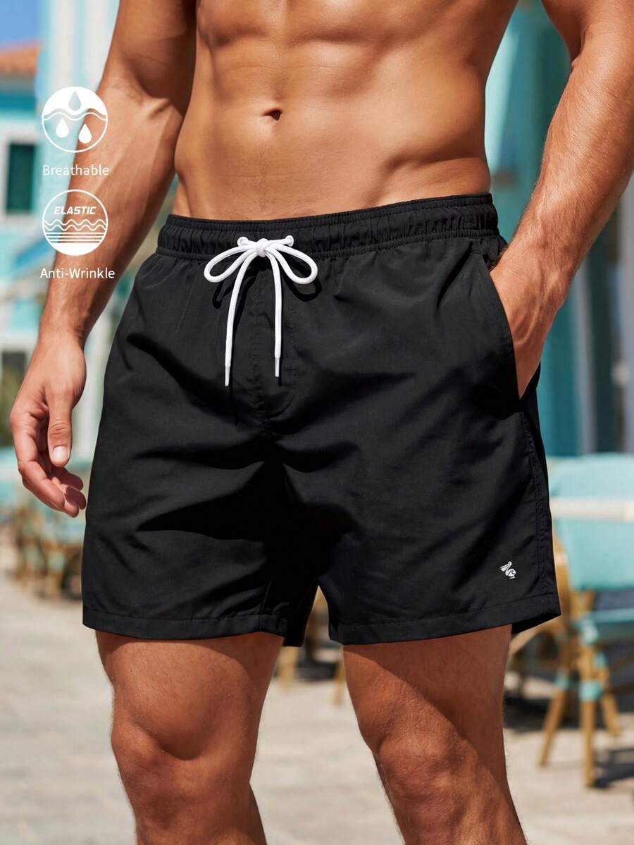 Solantero Plus Size Men's Solid Color Drawstring Waist Beach Shorts, Holiday - Black - View 1