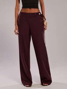 SHEIN BAE Quần ống rộng màu nâu, kiểu dáng thoải mái, đính hạt cườm, thích hợp cho kỳ nghỉ, đi làm, đi chơi, mùa hè. - Màu Tím - Xem 6