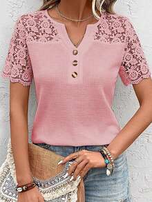 SHEIN LUNE Women's Casual Solid Color Front Button Lace Patchwork Short Sleeve T-Shirt - Pink - View 4