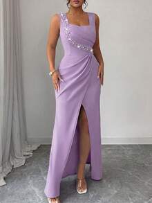 Elenzga Gaun Wanita Ukuran Besar Tanpa Lengan, Leher Persegi, Hiasan Mutiara, Pinggang Pas, Belahan Ruffle, Elegan, Romantis, Halus, Ringan untuk Pesta Koktail, Hem Model Duyung - Purple - View 4