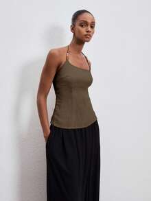 ATUI Studio Women's Solid Color Fitted Beaded Halter Top, Summer,Summer Top - Brown - View 6