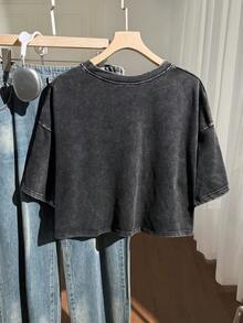 Comfortcana Plus Size Short Sleeve Cotton T-Shirt, Washed Snowflake Design, Summer Music Festival White Streetwear Brunch - Black - View 3