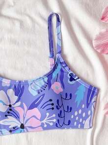 SHEIN 少女印花针织泳衣，适合游泳、海滩度假、沙滩和海水玩耍，优雅精致 - 紫色 - 查看 3