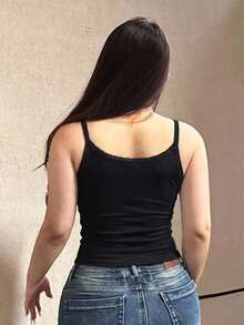 Dazy Plus Plus Size Women Summer Casual Daily Commute Simple Solid Color Ribbed Knit Fitted Cropped Camisole - Black - View 6