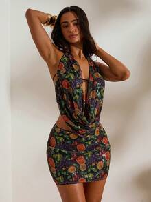 Opulessa Women's Vacation Beach Fruit Print Sequin Bodycon Mini Skirt - Black - View 7