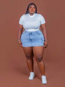 CurvyTilda Plus Size Women's Cargo Pocket Casual Denim Mini Skirt Cargo Skirt Skirts With Pockets Jean Skirt Denim Skirt, Fall Clothes For Women, For Hourglass Body Shape, For Body Shape, For Summer - Blue - View 3