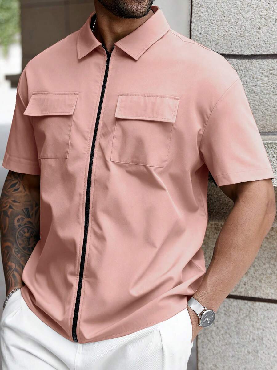 Manfinity Homme Camisa de manga corta con cuello vuelto, bolsillo y cremallera, de unicolor, informal, para hombre de talla grande, para verano - Rosa - Ver 1