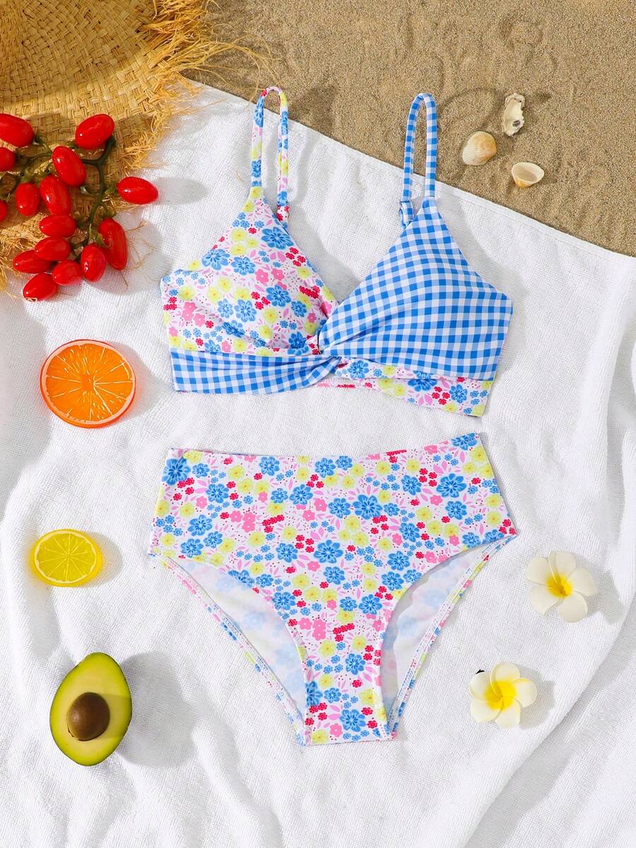 SHEIN 两件套少女格子碎花弹力速干舒适针织面料连体泳衣套装,适合游泳池、海滩、冲浪、度假、夏季旅行 - 彩色 - 查看 1