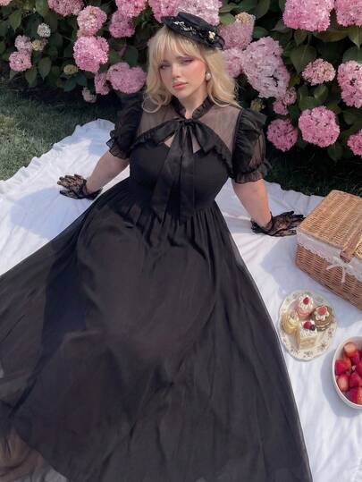 Lyrianda Đầm midi tay ngắn cổ đứng màu đen dáng rộng phong cách punk dành cho mùa hè