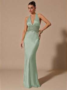 SHEIN BAE Đầm maxi satin đen tuyền gợi cảm cổ chữ V sâu, eo yếm, phối ren khoét rỗng, dáng đuôi cá, thích hợp cho tiệc cocktail, hẹn hò lãng mạn, họp mặt, sự kiện trang trọng, váy phù dâu, váy dạ hội, Giáng sinh, Năm mới, Ngày Valentine, tiệc trà, hoặc bất kỳ dịp nào khác. - Màu xanh Bạc hà - Xem 5