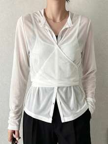 FRIFUL Women's Criss-Cross Strap Sheer Open Front Solid Color Top T-Shirt Office White Autumn Elegant Minimalist Long Sleeve - White - View 3