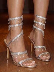 Women's Stiletto High Heel Sandals, Fashion Minimalist Strap With Rhinestone Snake Wrap Round Toe, Basic Style For Summer & Spring Shoes Summer Shoes - Silver - View 1