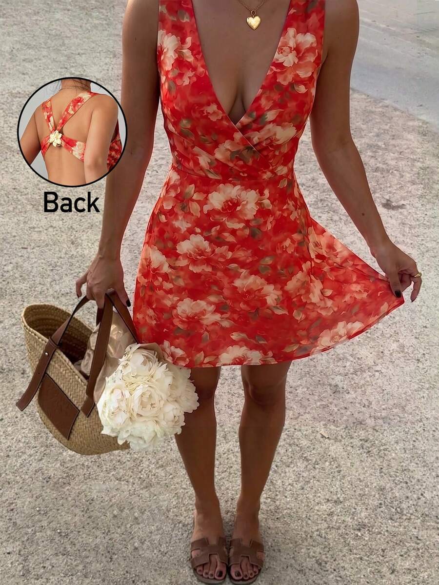 INAWLY Women's Elegant Sexy Floral Print Deep V-Neck Backless Sleeveless Mini Dress, Summer Open Back Dresses Floral Dress Holiday Birthday Outfit Women Mother's Day Mothers Dayoutfit Mother's Day Dress - Orange - View 1