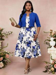 Fleurora Conjunto de 2 piezas para mujer talla grande: Cárdigan de manga corta de unicolor y vestido con estampado floral - Azul - Ver 5