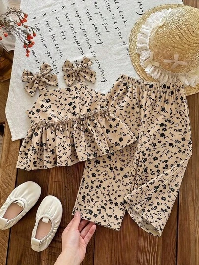 LMoss Kids 2件套女婴碎花无袖上衣和宽松休闲裤套装