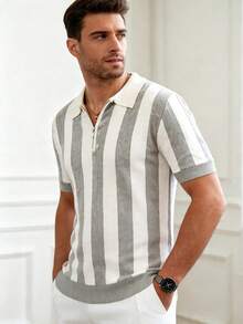 Airaco Men's Summer Casual Vacation & Commute Contrast Stripe Print Short Sleeve Half Zip Polo Collar Knit Top Shirts For Men Casual Stripe Shirt For Men Shirt For Men Polo Mens Striped Polo Shirts For Man - Apricot - View 3