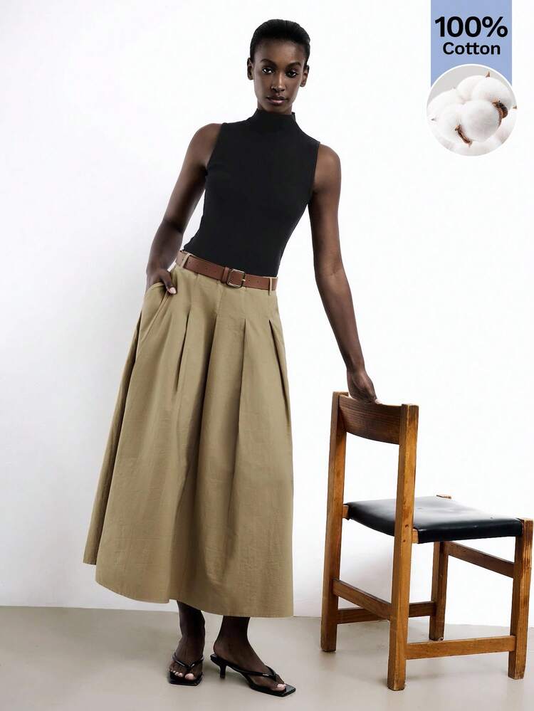 SHEIN Maija 봄/여름 신상 카키 플리츠 사이드 포켓 디자인 탈착식 PU 가죽 메탈 벨트 여성 스커트, 카니발, 파티, 발렌타인 데이, 학교, 음악 축제, 공식 행사, 도시 통근에 우아함