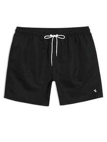 Solantero Plus Size Men's Solid Color Drawstring Waist Beach Shorts, Holiday - Black - View 6