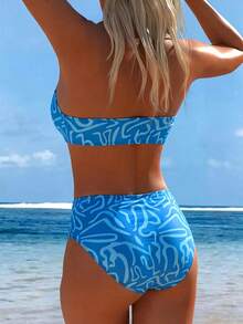 Swim Lushoire Bộ bikini nữ mùa hè in họa tiết ngẫu nhiên, phong cách thường ngày, thanh lịch, trưởng thành, có dây đeo vai mảnh có thể tháo rời, cạp cao. - Nhiều màu - Xem 2