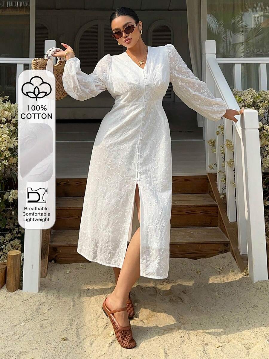Dazy Plus Đầm maxi dáng rộng, màu trơn, thanh lịch, tay phồng, cổ chữ V, xẻ tà, thêu hoa dành cho nữ. - trắng - Xem 1