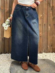 Dazy Plus Plus Size Dark Washed Blue Distressed Front Slit Casual Vacation Maxi Denim Skirt, Spring/Summer - Dark Wash - View 4