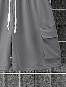Manfinity Homme 2pcs/Set Plus Size Men Grey Summer Casual Oversized City Break Streetwear Drop Shoulder Loose Short Sleeve T-Shirt And Drawstring Waist Cargo Shorts - Grey - View 7