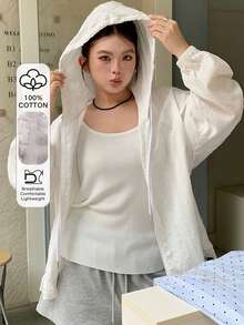 Dazy Plus Jaket Kasual Gaya Liburan Wanita Ukuran Besar Musim Semi/Panas dengan Tudung Lengan Panjang, Bahan Tekstur Longgar, Patchwork Renda - Putih - View 2
