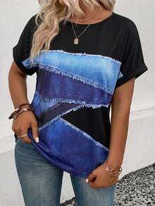Selamara Áo thun nữ cỡ lớn, kiểu dáng mới về mùa xuân/hè, chất liệu giả denim phối họa tiết, cổ tròn, tay ngắn, phong cách thường ngày, đa năng. - Nhiều màu - Xem 3