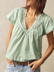 Bohemela Blusa suelta de mujer de manga corta con cuello en V de unicolor - verde menta - Ver 5