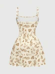 ROMWE Fairycore Hippie Sun Moon Star Leaf Print Sexy Dark Goth Mini Dress For Women - Beige - View 2
