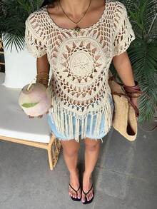 Selianne Delicate Handmade Crochet Cover Up White Short Sleeve Knitwear  Loose Hollow Out Fringe Top Women Pullover Sweater, Spring/Summer For Beach,Vacation,Dating,Music Featival - Apricot - View 5
