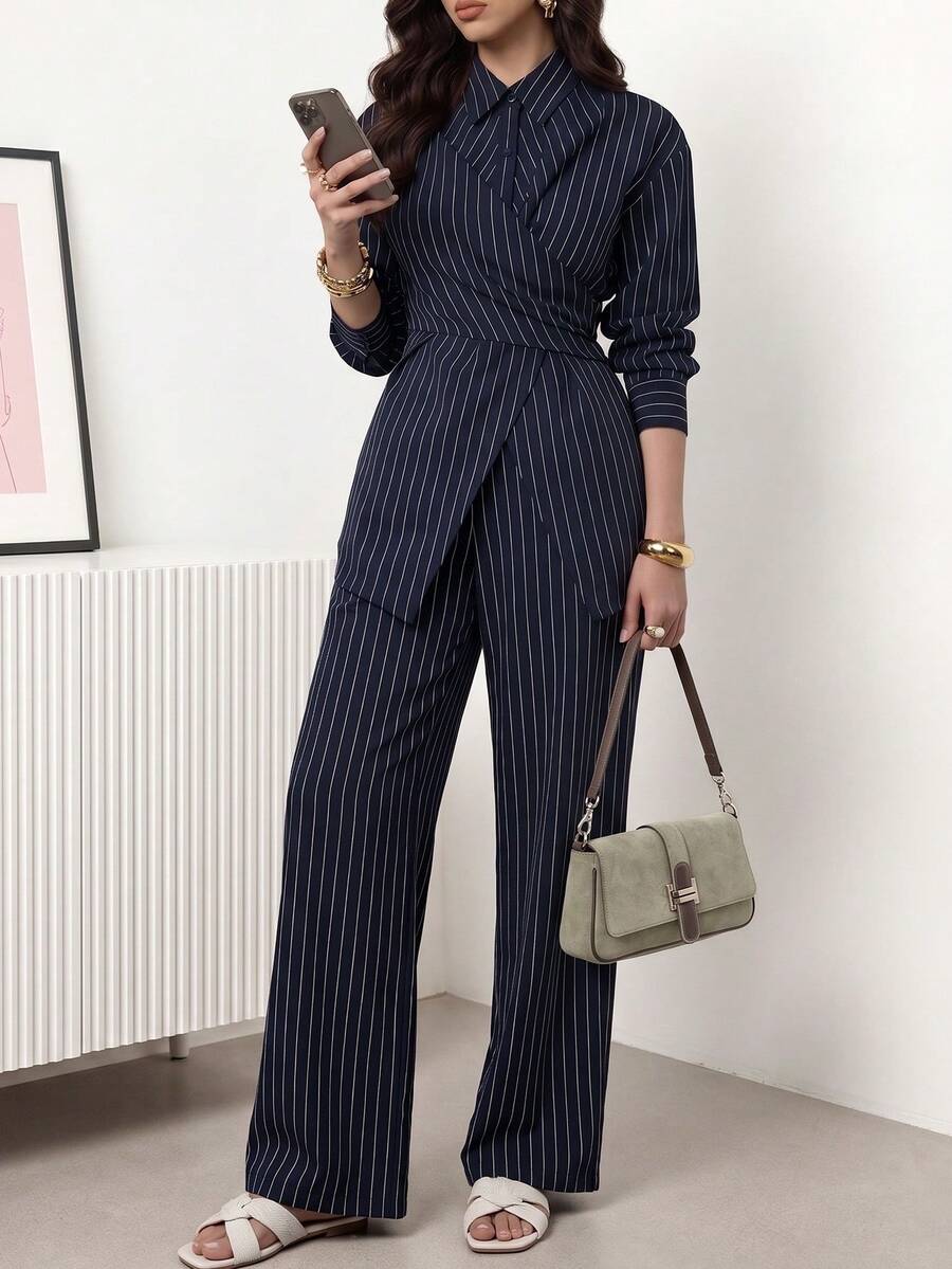 Solavon Waisted, Wrap-Around, Korean Style Vintage-Inspired Two Pieces Set, Versatile For Commuting & Daily Wear,Work Outfits For Women - Navy Blue - View 1