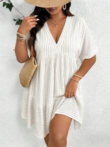 SHEIN Frenchy Đầm tay cánh dơi kẻ sọc dáng rộng cỡ lớn - Màu Khaki - Xem 4
