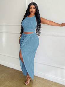 Slaydiva Plus Size White Solid Slim Fit 2 Pieces Outfit 2pcs/Set - Blue - View 5