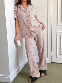SHEIN Striped Bow Print Lapel Short Sleeve Pajama Set For Women - Brown - View 7