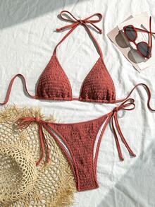 Swim Vcay Conjunto de bikini de halter de unicolor y textura para mujer, adecuado para vacaciones de verano en la playa - Rosa Oxidada - Ver 1
