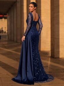 Glamrae Luxurious Elegant Embroidered Sequin Lace Satin Splice Fishtail Skirt, Side Slit Evening Dress With Drape,Perfect For Weddings,Parties&Galas - Navy Blue - View 2