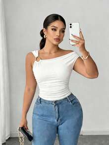 SHEIN Elenzya 大码不对称领修身T恤，百搭休闲上衣，春夏款 - 白色 - 查看 3