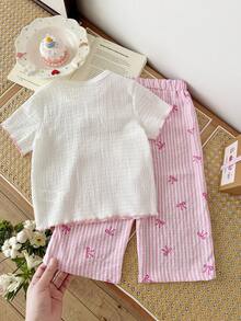 SHEIN 2件套女婴幼儿/新生儿0-3岁春夏可爱图案条纹针织樱桃刺绣短袖T恤和格子裤套装 - 粉色 - 查看 2