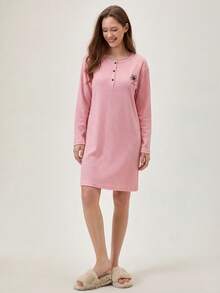 Loomlin Camicia da notte in 100% cotone con ricamo di lettere e mezzo bottone - Rosa - Visualizzare 3