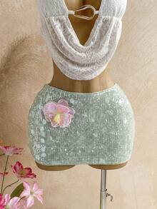 Soleia 女士夏季Y2K毕业季度假派对音乐节休闲薄荷绿迷你裙，饰有精致亮片3D花朵（有衬里）。夏季女装、节日女装、沙滩装、亮片裙 - 薄荷綠 - 查看 7