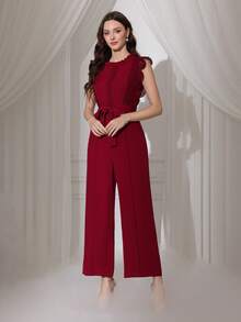 Modelyn Petite Modischer einfarbiger süßer Spitzen-Patchwork-Jumpsuit ohne Ärmel mit Bindedetail an der Taille und geradem Bein für kleine Frauen, elegant und altersreduzierend - Bordeaux - Übersicht 3