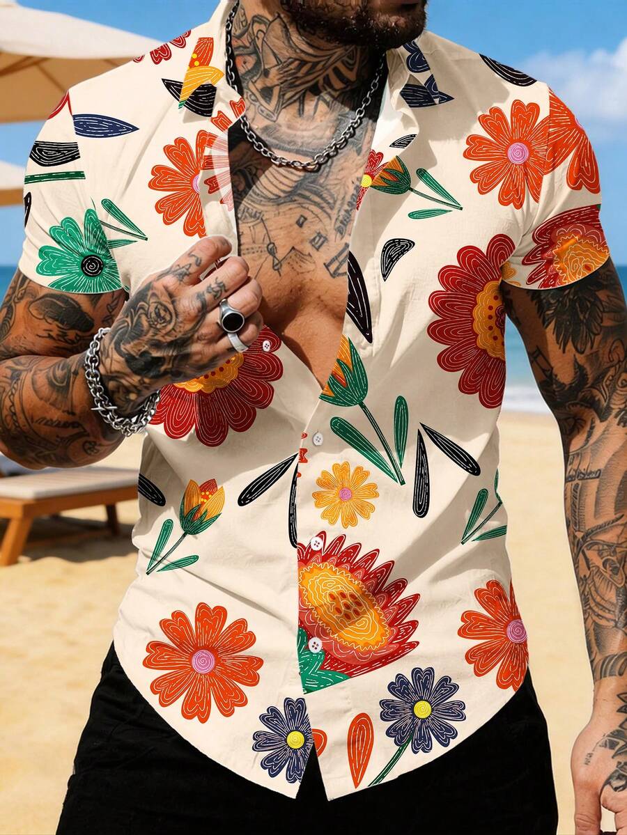 Manfinity RSRT Floral Printed Button-Up Men's Casual Floral Print Short Sleeve Shirt Holiday Shirt Vacation Shirt Beach Wear Hawaii Style Blouses For Women Going Out Tops Shirts For Men - Multicolor - View 1